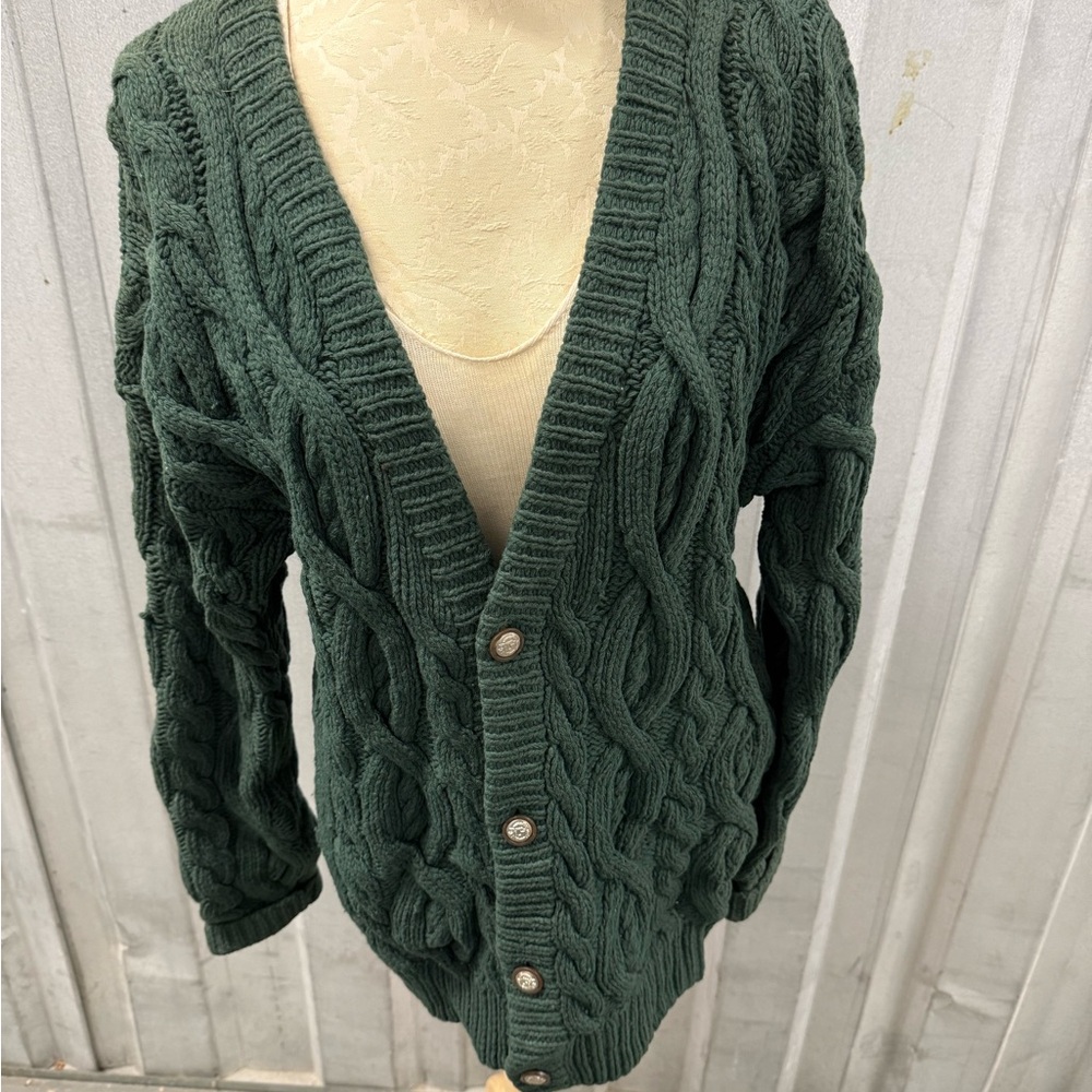 Green Cable Knit Cardigan Sweater V-Neck